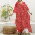 Red Strawberry Pattern Print Silk V-Neck Kaftan Dress