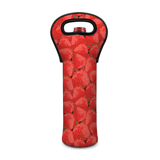 Red Strawberry Pattern Print Single Neoprene Wine Tote