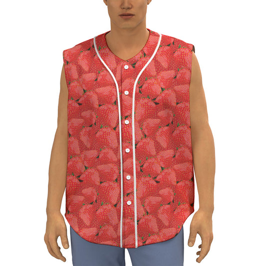 Red Strawberry Pattern Print Sleeveless Baseball Jersey