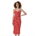 Red Strawberry Pattern Print Slim Fit Midi Cami Dress
