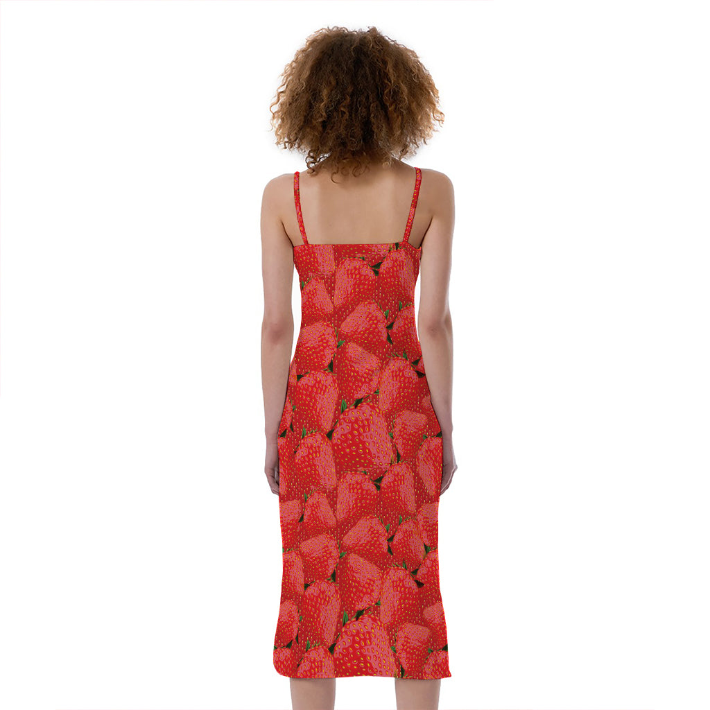 Red Strawberry Pattern Print Slim Fit Midi Cami Dress