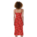 Red Strawberry Pattern Print Slim Fit Midi Cami Dress