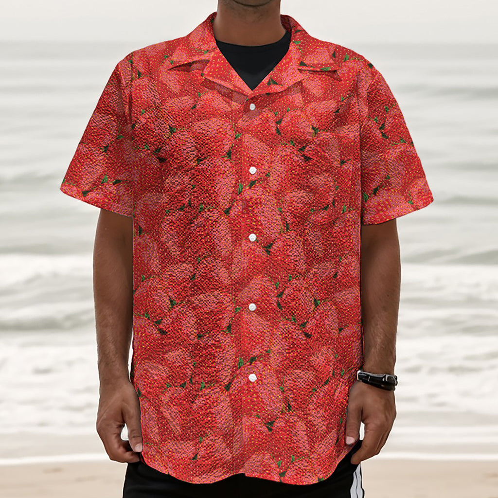 Red Strawberry Pattern Print Textured Short Sleeve Shirt