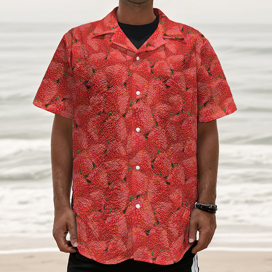 Red Strawberry Pattern Print Textured Short Sleeve Shirt