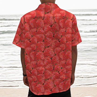 Red Strawberry Pattern Print Textured Short Sleeve Shirt