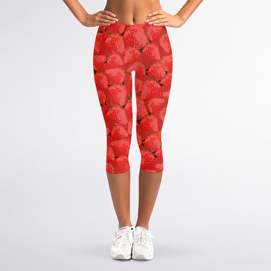 Red Strawberry Pattern Print Women's Capri Leggings