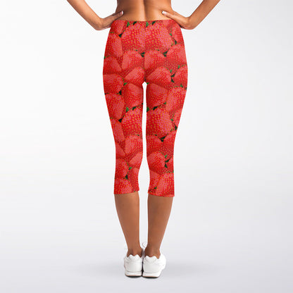 Red Strawberry Pattern Print Women's Capri Leggings