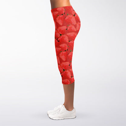 Red Strawberry Pattern Print Women's Capri Leggings