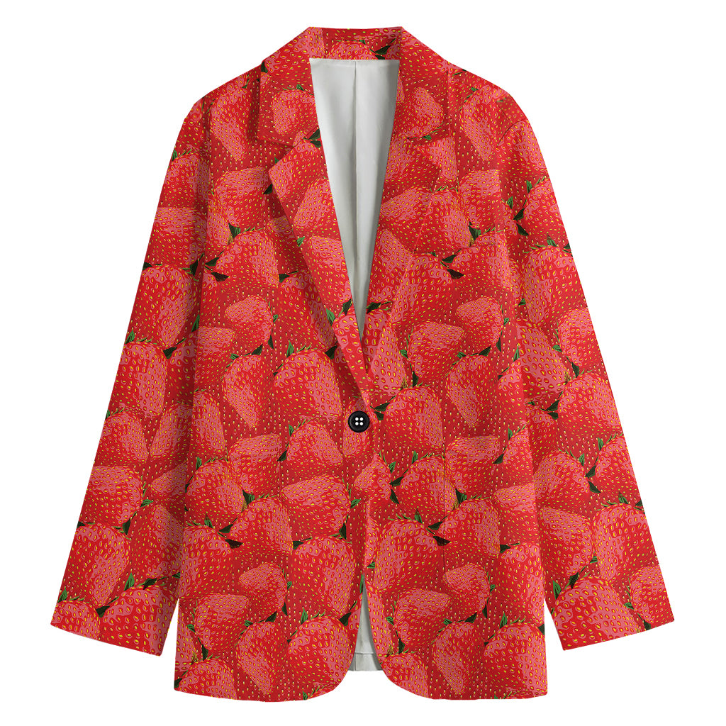 Red Strawberry Pattern Print Women's Cotton Blazer