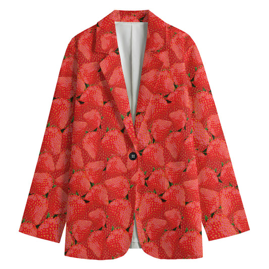 Red Strawberry Pattern Print Women's Cotton Blazer