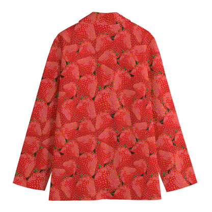 Red Strawberry Pattern Print Women's Cotton Blazer