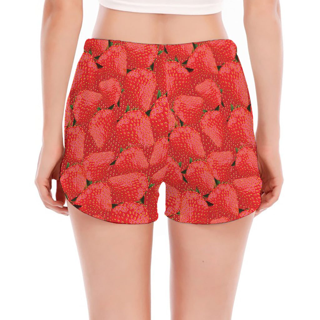 Red Strawberry Pattern Print Women's Split Running Shorts