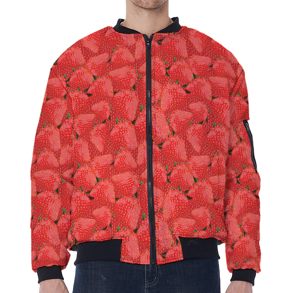 Red Strawberry Pattern Print Zip Sleeve Bomber Jacket