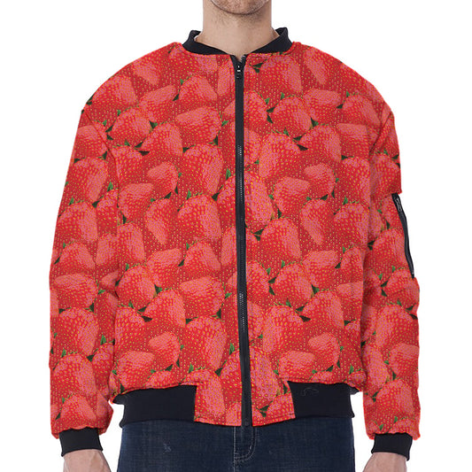 Red Strawberry Pattern Print Zip Sleeve Bomber Jacket