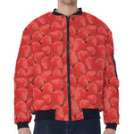 Red Strawberry Pattern Print Zip Sleeve Bomber Jacket