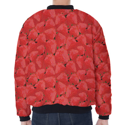 Red Strawberry Pattern Print Zip Sleeve Bomber Jacket