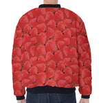 Red Strawberry Pattern Print Zip Sleeve Bomber Jacket