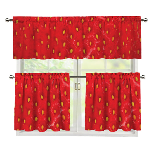 Red Strawberry Print 3 Piece Kitchen Curtains