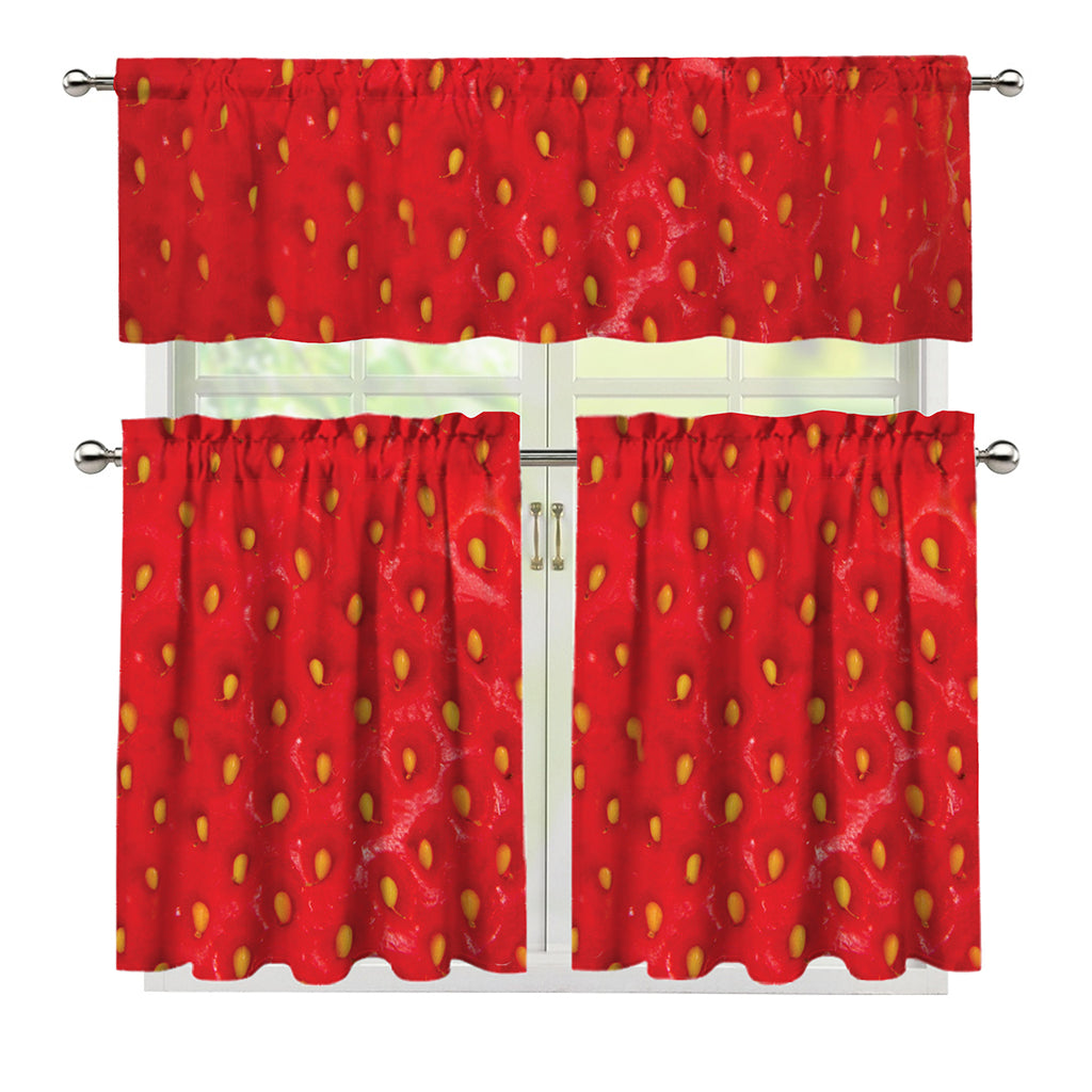 Red Strawberry Print 3 Piece Kitchen Curtains