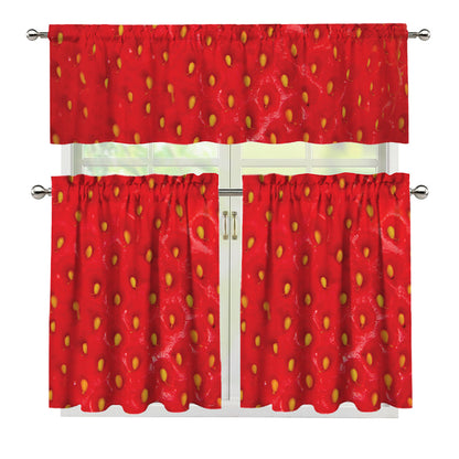 Red Strawberry Print 3 Piece Kitchen Curtains