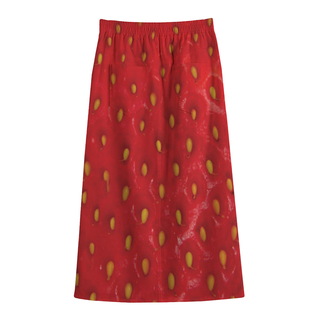 Red Strawberry Print Cotton Front Slit Maxi Skirt