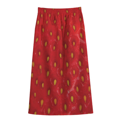 Red Strawberry Print Cotton Front Slit Maxi Skirt