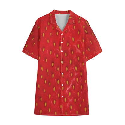 Red Strawberry Print Cotton Hawaiian Shirt