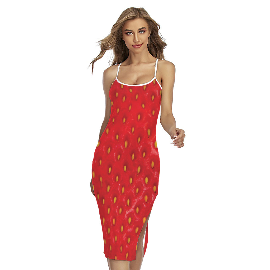 Red Strawberry Print Cross Back Cami Dress