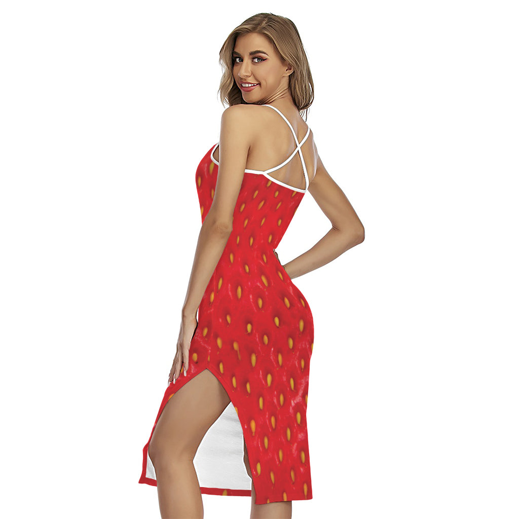 Red Strawberry Print Cross Back Cami Dress