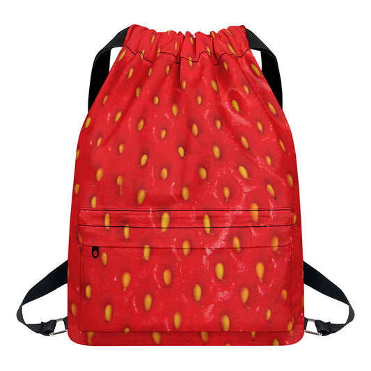 Red Strawberry Print Drawstring Backpack