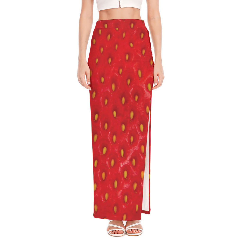 Red Strawberry Print High Slit Maxi Skirt