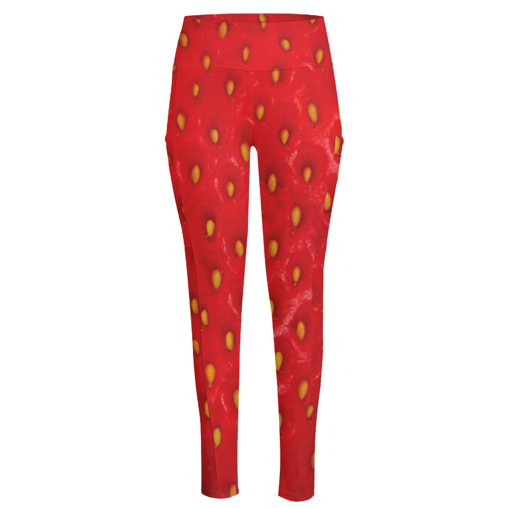 Red Strawberry Print High-Waisted Pocket Leggings