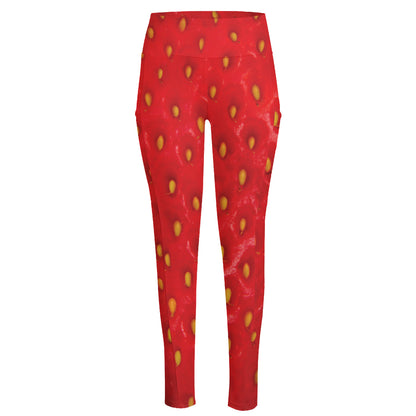 Red Strawberry Print High-Waisted Pocket Leggings
