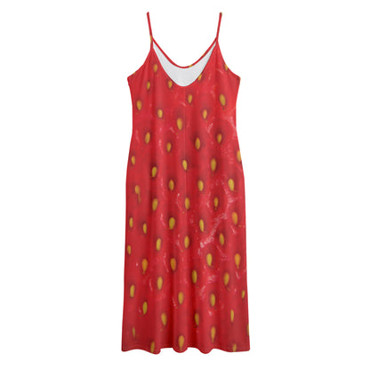 Red Strawberry Print Jersey Midi Cami Dress