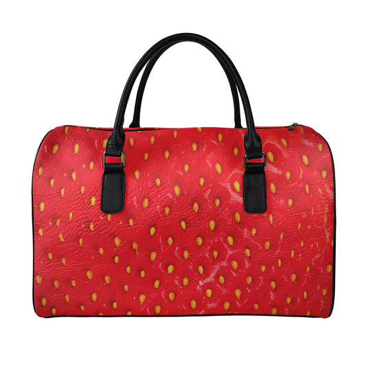 Red Strawberry Print Leather Duffle Bag