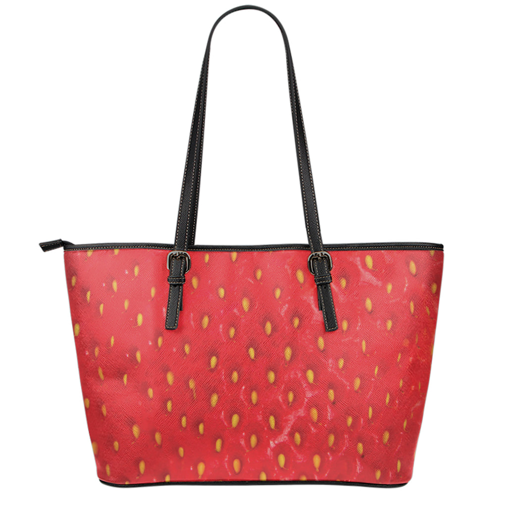Red Strawberry Print Leather Tote Bag