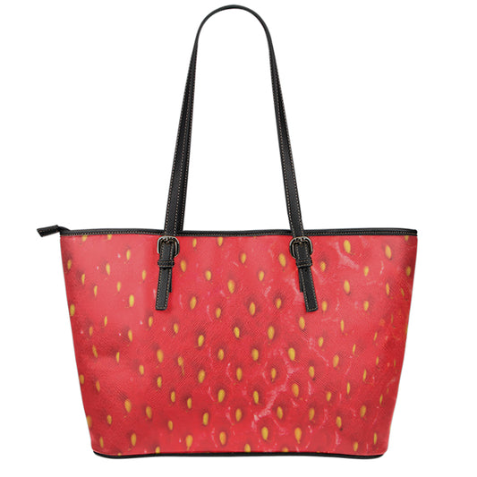 Red Strawberry Print Leather Tote Bag