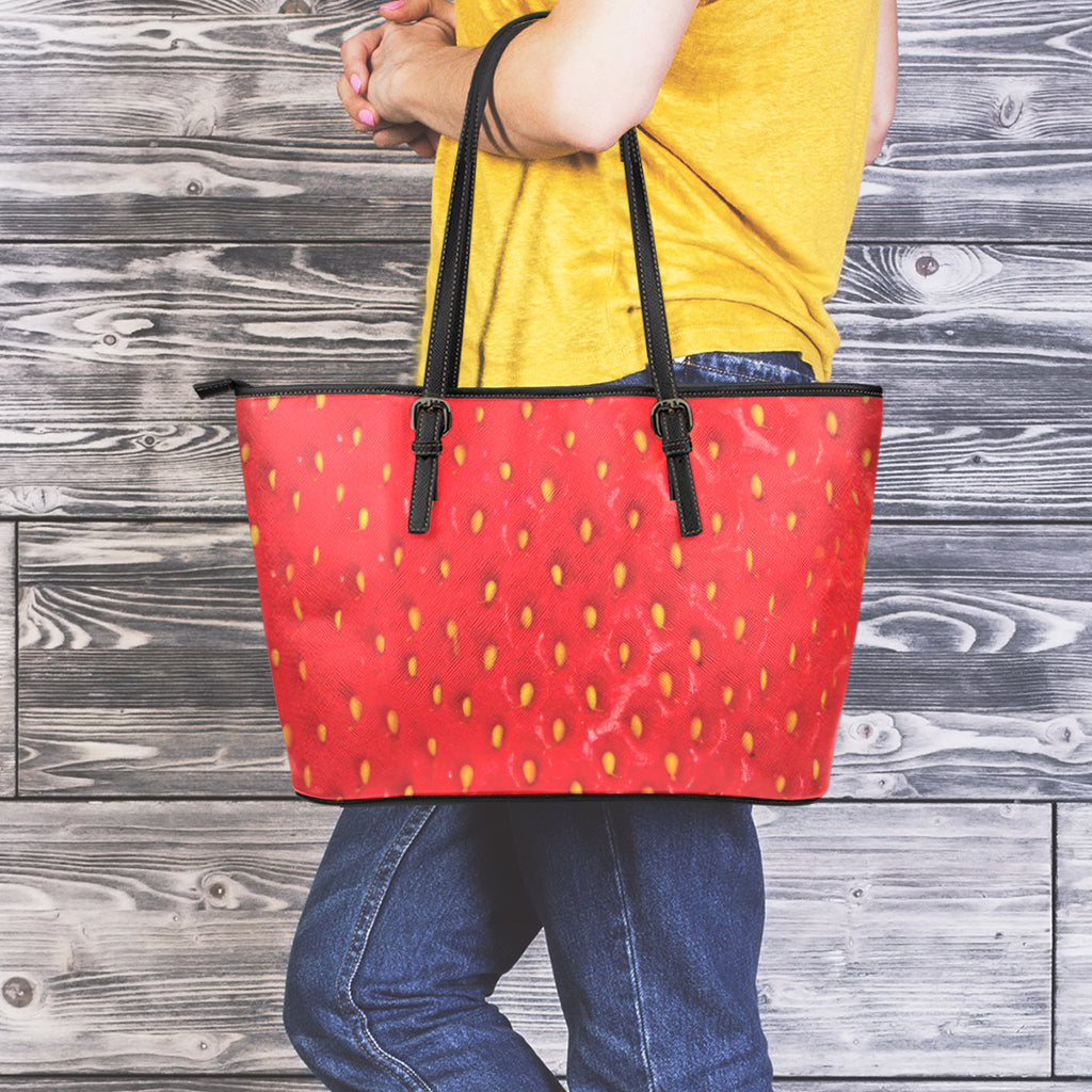 Red Strawberry Print Leather Tote Bag