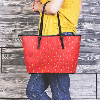 Red Strawberry Print Leather Tote Bag