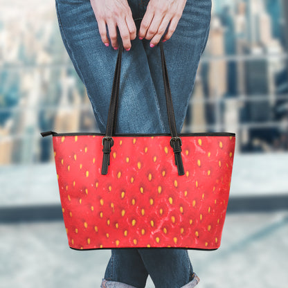 Red Strawberry Print Leather Tote Bag