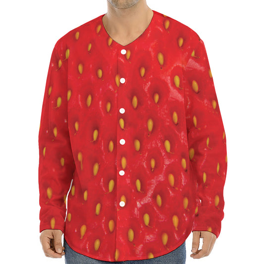 Red Strawberry Print Long Sleeve Baseball Jersey