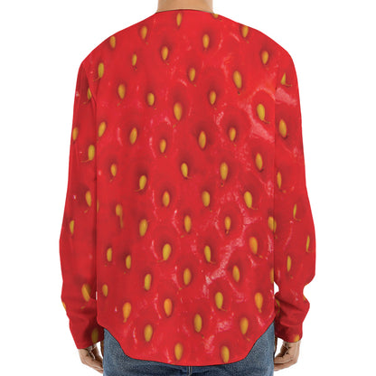 Red Strawberry Print Long Sleeve Baseball Jersey