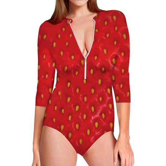 Red Strawberry Print Long Sleeve Swimsuit