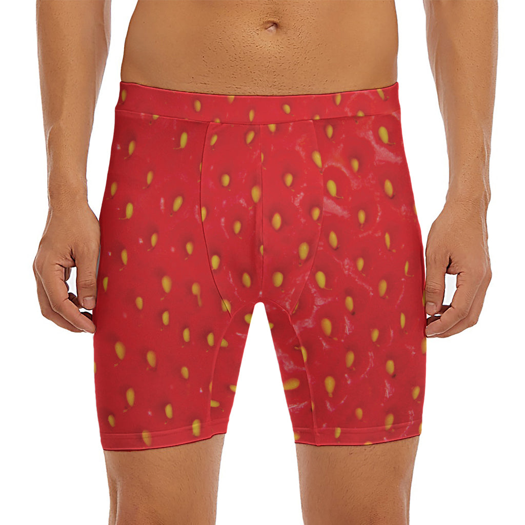 Red Strawberry Print Men's Long Boxer Briefs