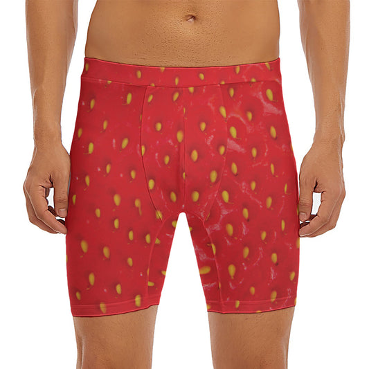 Red Strawberry Print Men's Long Boxer Briefs