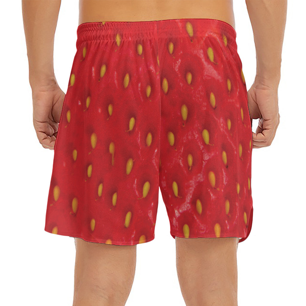 Red Strawberry Print Men's Split Running Shorts