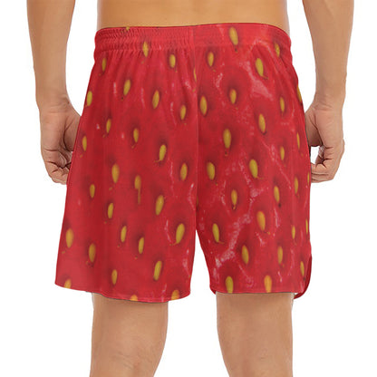 Red Strawberry Print Men's Split Running Shorts