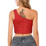 Red Strawberry Print One Shoulder Crop Top