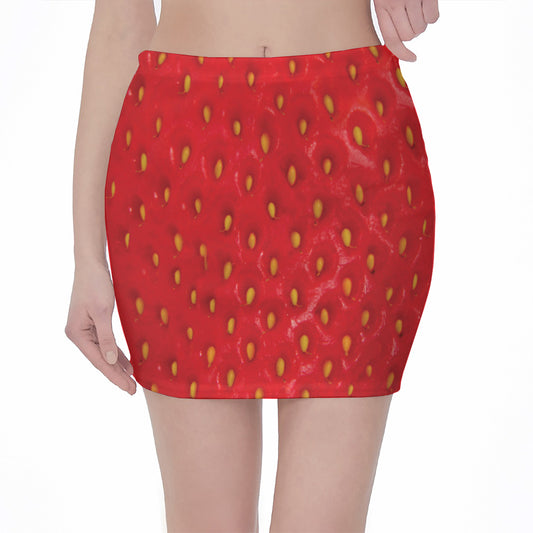 Red Strawberry Print Pencil Mini Skirt