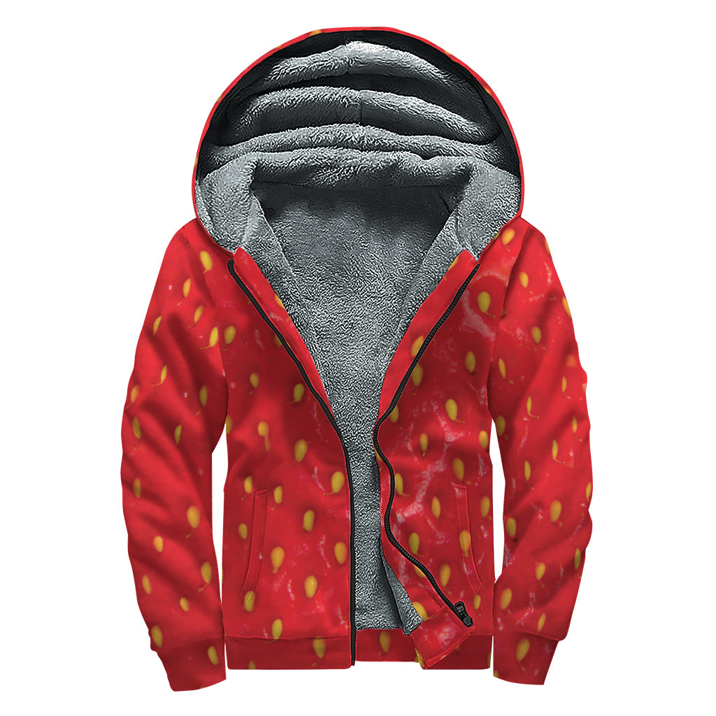 Red Strawberry Print Sherpa Lined Zip Up Hoodie